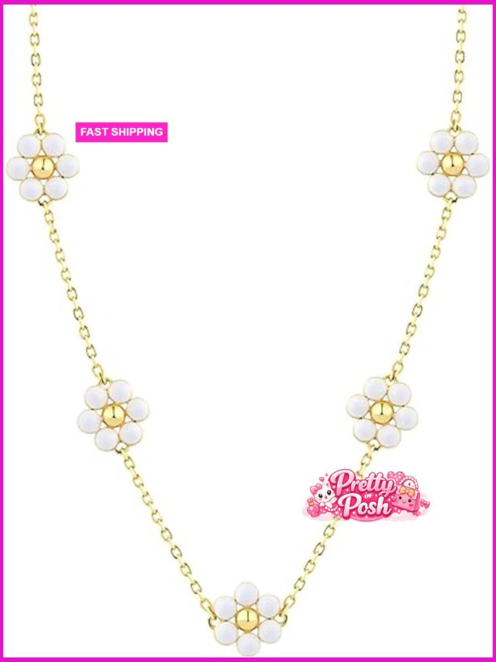 14K Gold Plated Sterling Silver Daisy Necklace, Adjustable Chain, 5 Enamel